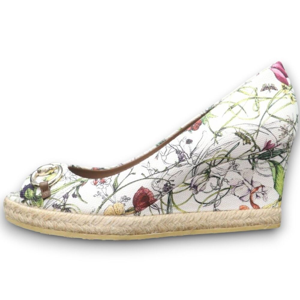 Gucci Flora Horsebit Canvas Espadrille Peep Toe Wedges Size EU 36 / US 5.5 - Picture 7 of 14